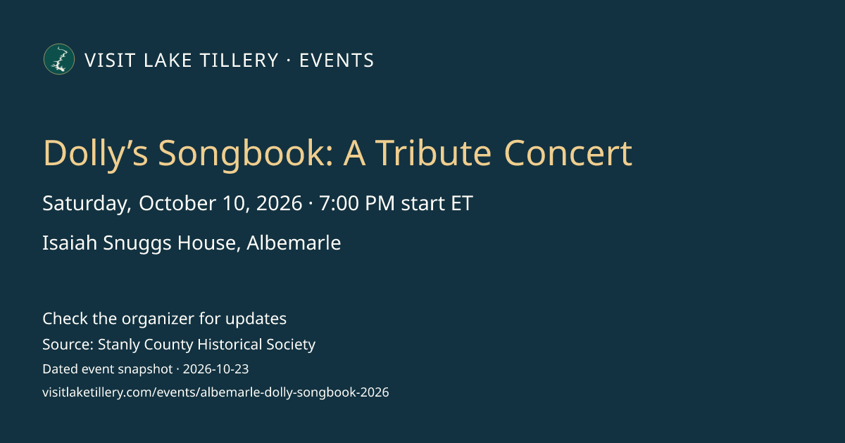 Dolly’s Songbook: A Tribute Concert · Saturday, October 10, 2026 · 7:00 PM start ET · Isaiah Snuggs House, Albemarle