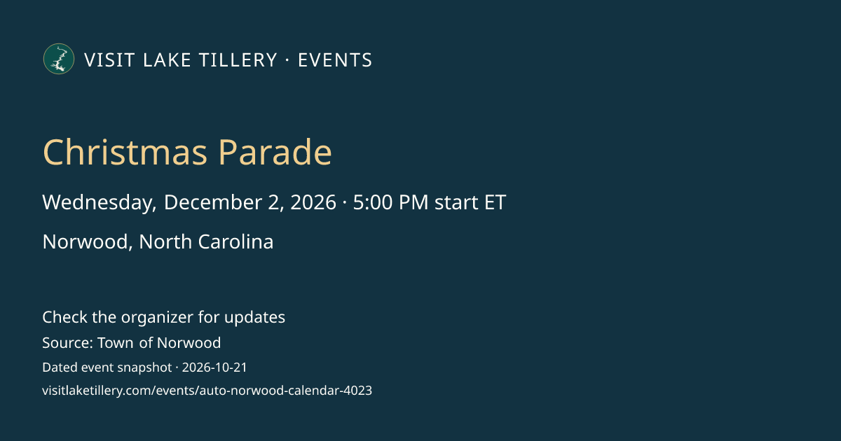 Christmas Parade · Wednesday, December 2, 2026 · 5:00 PM start ET · Norwood, North Carolina