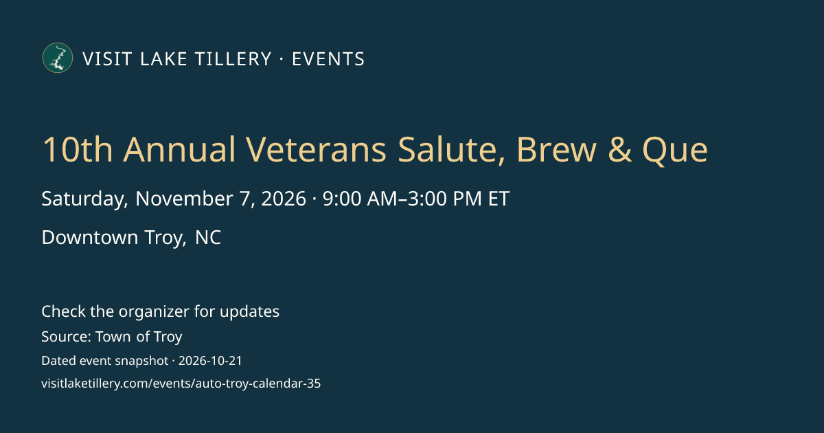 10th Annual Veterans Salute, Brew & Que · Saturday, November 7, 2026 · 9:00 AM–3:00 PM ET · Downtown Troy, NC