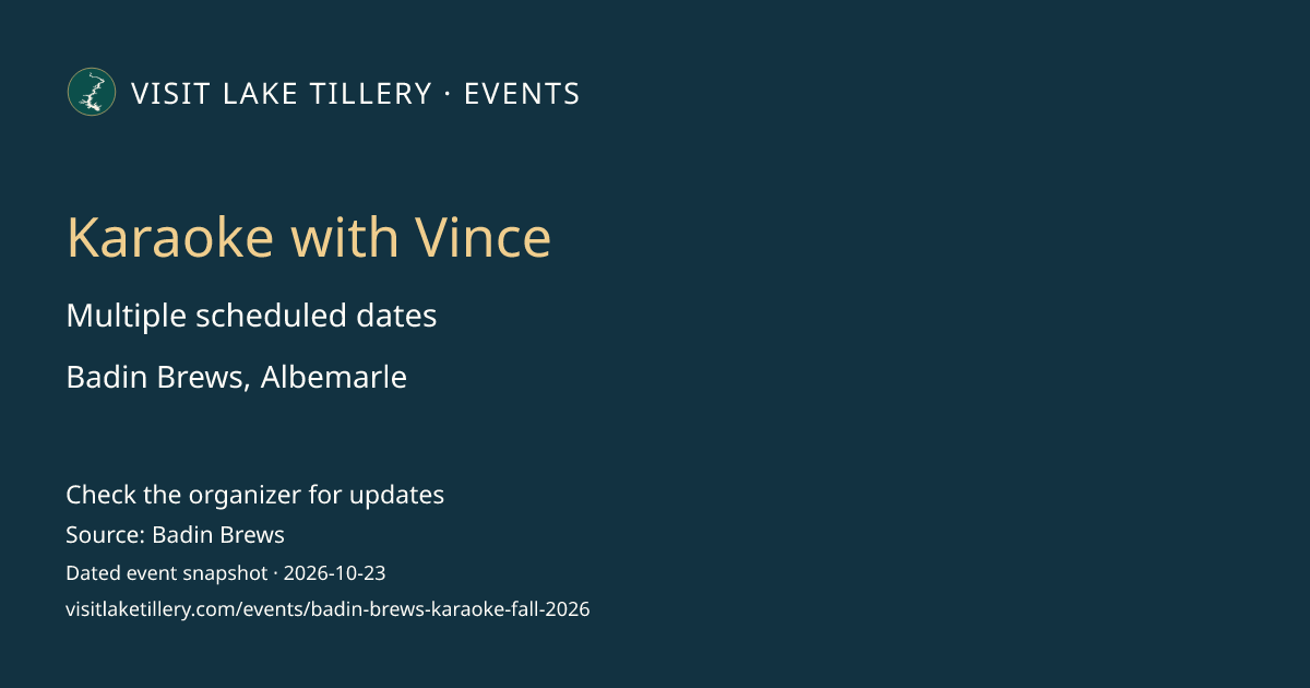 Karaoke with Vince · Thursday, October 29, 2026 · 7:00 PM start ET · Badin Brews, Albemarle