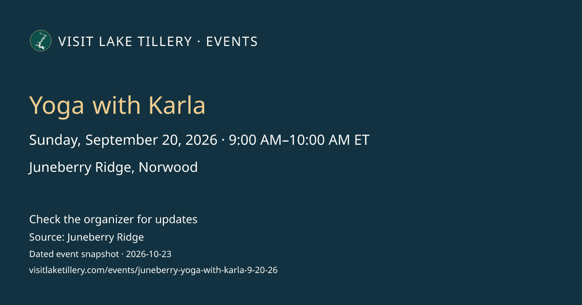 Yoga with Karla · Sunday, September 20, 2026 · 9:00 AM–10:00 AM ET · Juneberry Ridge, Norwood