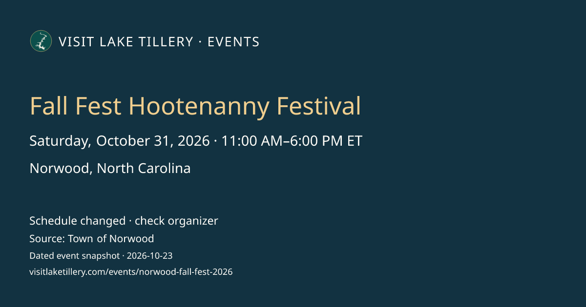 Fall Fest Hootenanny Festival · Saturday, October 31, 2026 · 11:00 AM–6:00 PM ET · Norwood, North Carolina